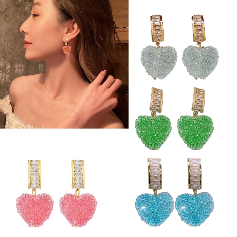 Sa Heart Pendant Earring Pink Rhinestoes Anting Menjuntai Anting Tusuk Jantung Anting Stud