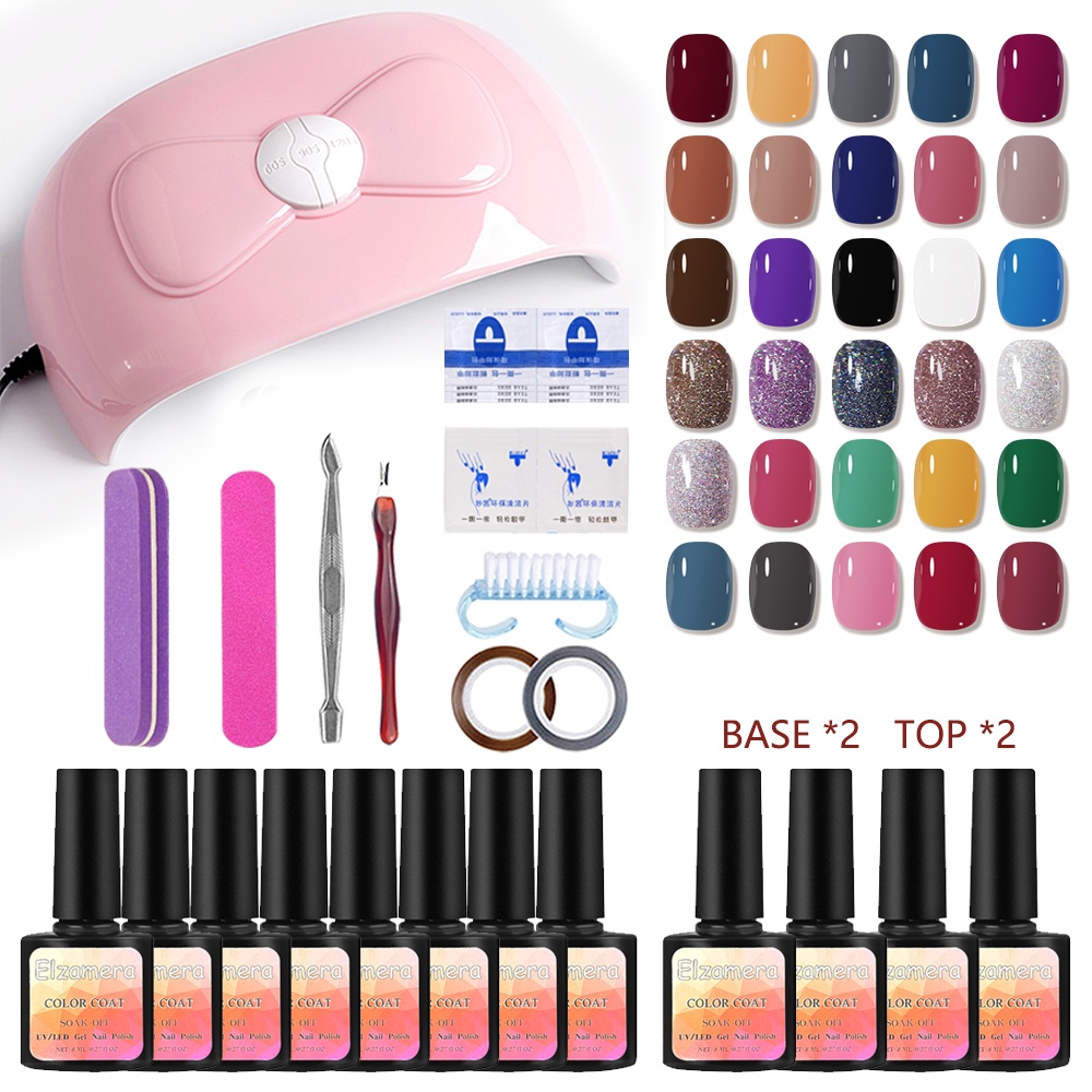 Set Kutek Gel Lampu Kuku UV 18W 9 Warna Cat Kuku Gel, Set Peralatan Manikur Seni Kuku, Atasan dan Tidak Mengilap dengan Lapisan Dasar 22pcs alat set manikur base&amp;top cat kuku