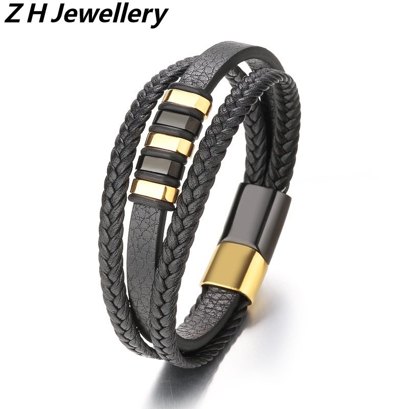 [Z H Jewelry] Vintage Pria Fashion Gelang Kulit Stainless Steel Hip Hop Pesta Perhiasan Aksesoris