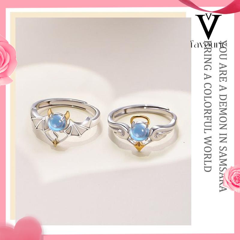 CODPerhiasan Perak Blue Moonstone Angel Devil Couple Ring Jewelry-FA