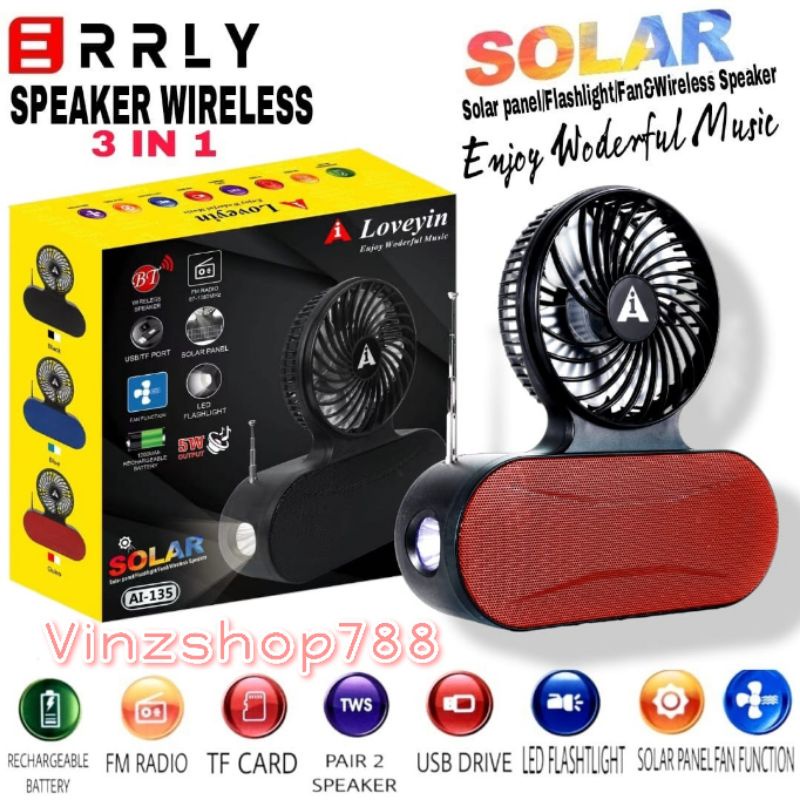 Speaker Bluetooth Solar Kipas Angin ERRLY AL-138 Speaker 3in1 Wireless Portable AL138 Speaker Radio Bluetooth + FAN FUNCTION  Dengan Panel Surya Charger Matahari