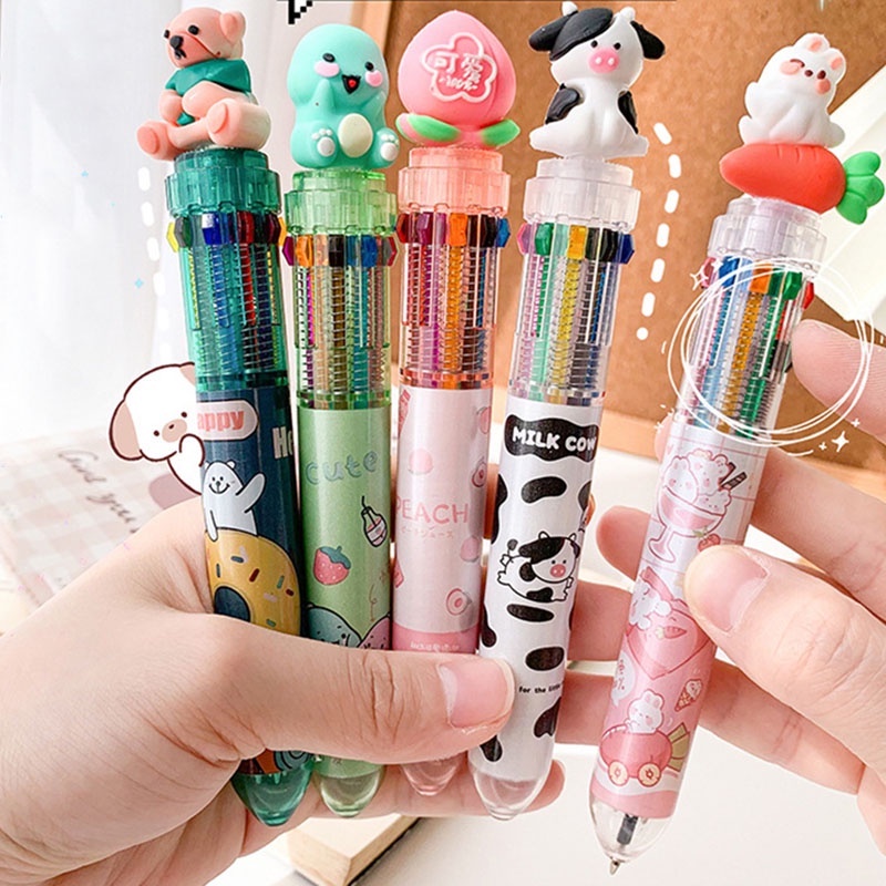 [Grosir] Pulpen Bolpoin Multi Warna Kantor Hadiah Acak 10warna Animal Serba Plastik Sekolah Isi Ulang Alat Tulis Warna-Warni Rollerball Pen Perlengkapan Lucu Kartun Kawaii Press