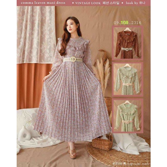 Gamis Plisket Vintage Korean Ceruty Impor by Yuna Fashion Free Belt