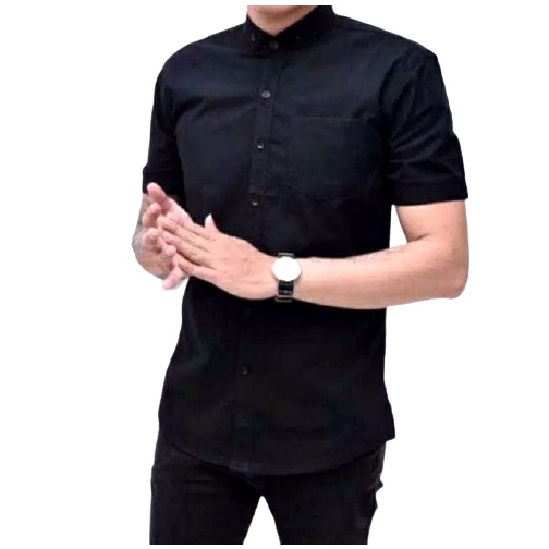 Terwuwu kemeja panjang pria cowok gatlemen cowok biru navy dongker polos formal kantor hem baju kemeja pria lengan panjang distro kasual santai casual katun dinas pns kerja putih merah marun kuning hitam premium pria cowok laki laki terlaris murah-Pendek Hitam