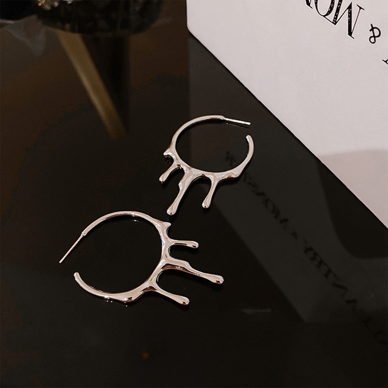 Anting Hoop Besar Punk Gothic Warna Silver Lava Drop Bentuk Tidak Teratur Untuk Wanita Pria Fashion Korea Perhiasan Logam Cair