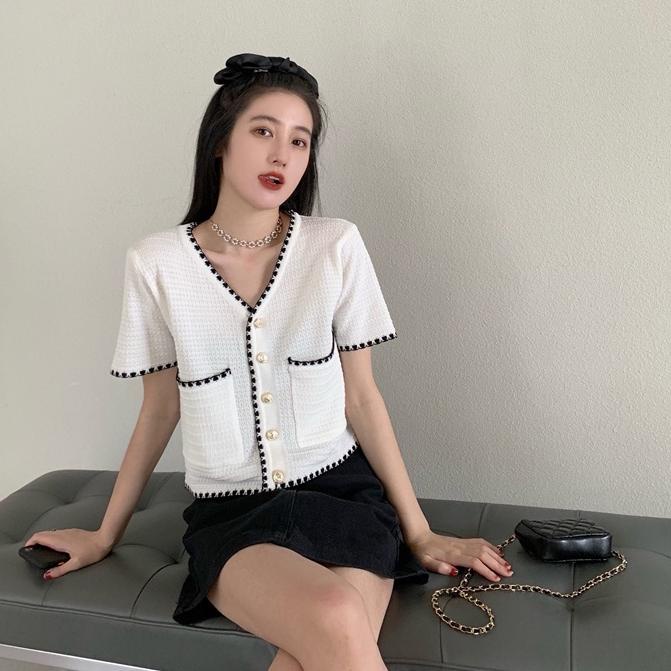 Murah Meriah Atasan crop top kardigan rajut wanita lengan pendek Korean style cardigan rajut
