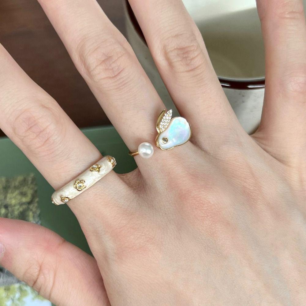 Mxbeauty Wanita Cincin Terbuka Lucu Mutiara Tidak Teratur Untuk Gadis Imitasi Giok Kepribadian Retro Korea Style Rings