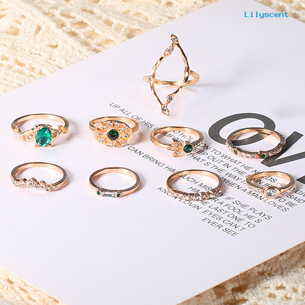 [LS]9Pcs /Set Lady Hollow Belah Ketupat Oval Berlian Imitasi Pembukaan Susun Knuckle Midi Ring