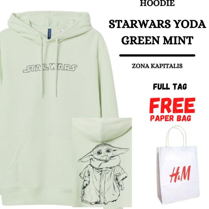(11.11) Hoodie Crewneck H&M HnM Starwars Baby Yoda Green Mint Cream Grey FREE PAPER BAG FULL TAG Jak