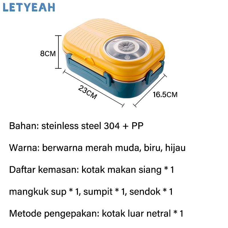 letyeah 1000ml kotak makan stainless 3 sekat+tempat sup 200ml /Lunch box stainless tahan panas dan anti tumpah