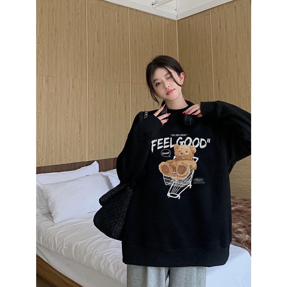 EUNII Sweater Lengan Panjang Cartoon Plush Shopping Bear Korean Style/Hoodie Oversize/Baju Wanita/Switer Wanita