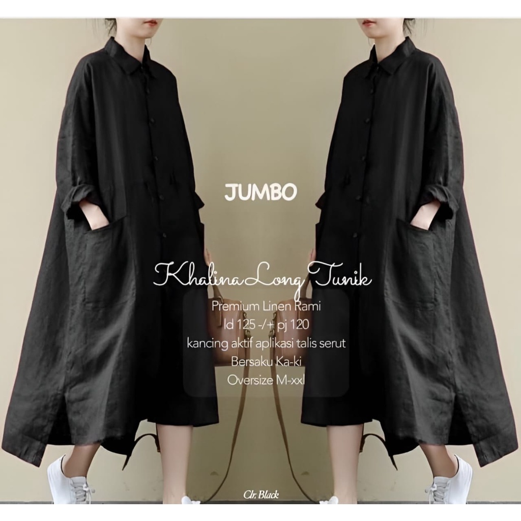 Khalina Tunik Atasan Baju Long Tunik Jumbo Premium OOTD Casual Daily Matt Linen Rami BJ