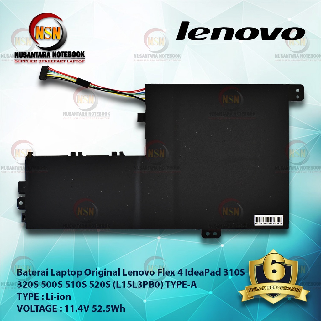 Baterai Original Lenovo Flex 4 310S 320S 11.4V 52.5Wh L15L3PB0 Type-A