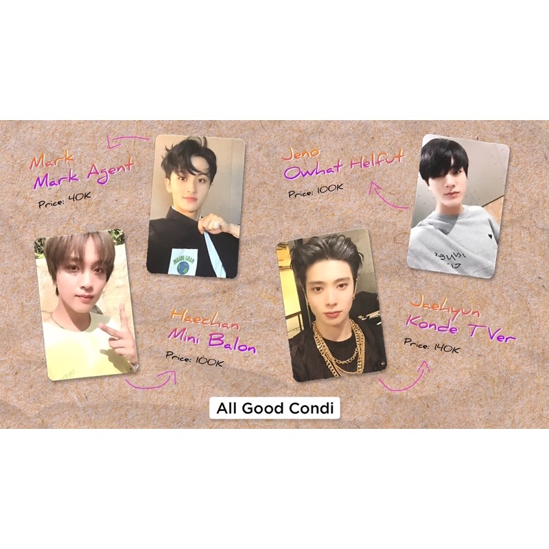 Official Photocard jaehyun t ver, pc jeno owhat, jisung owhat, mark tragic, mark agent, haechan mini