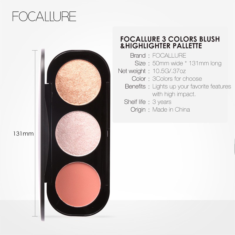 FOCALLURE Highlighter Blush On Contour 3in1 Palette Kit Bronzer Combination Palette 3D Face Makeup Sikat Eyeshadow Bronz