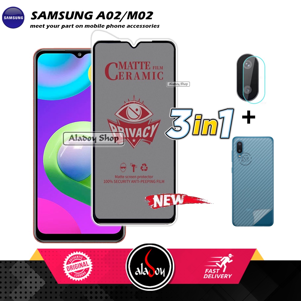 Tempered Glass Anti SPY Samsung A02/M02 Anti Gores Privacy + Tempered Glass kamera dan Skin Carbon