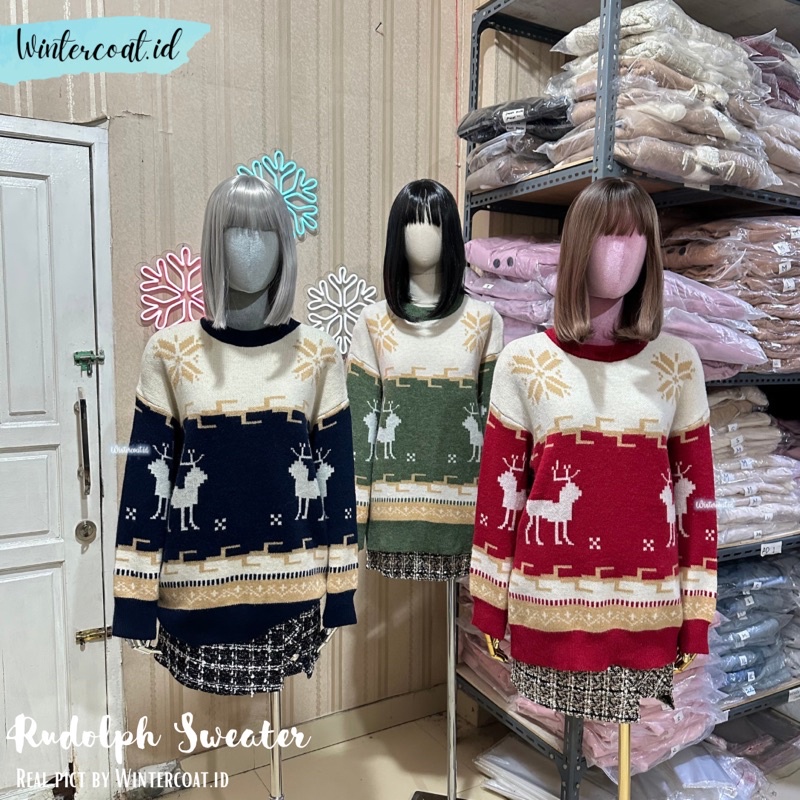 Sweater christmas rudolph import unisex wanita pria oversized oversize hangat rajut baju natal hadiah couple