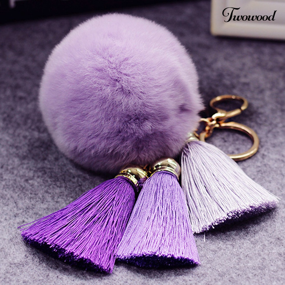 Twowood Soft Pom Pom Faux Fur Keychain Fluffy Ball Bag Gantungan Kunci Mobil Rumbai Liontin Dekorasi