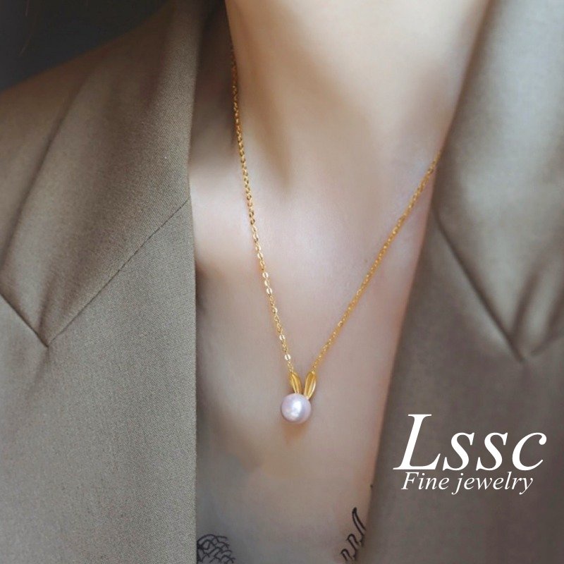 Kalung Titanium Mutiara Kelinci Lucu Keberuntungan Emas 18K Anti Karat Aksesoris Wanita Fashion Korea