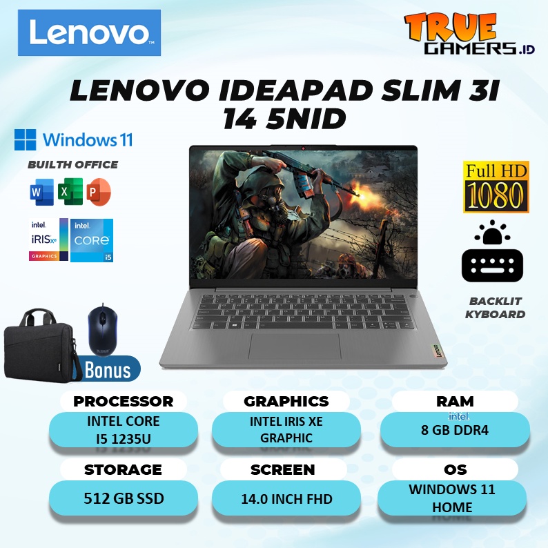 LAPTOP LENOVO IDEAPAD SLIM 3i 14 I5 1235U 8GB 512SSD IRISXE WIN11 FREE OFFICE  14.0FHD