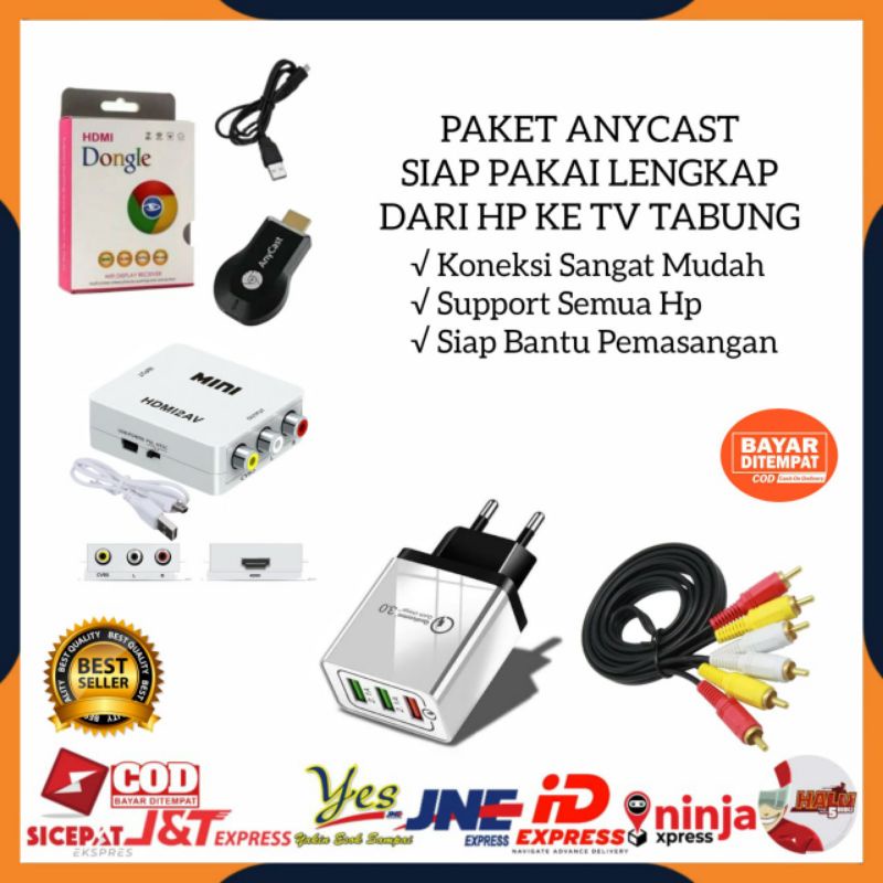 [COD] PAKET LENGKAP ANYCASH DONGEL MIRRORING HP KE TV TABUNG / ANYCAST DONGLE + KEPALA ADAPTOR 3 PORT / ALAT PENYAMBUNG HP KE TV