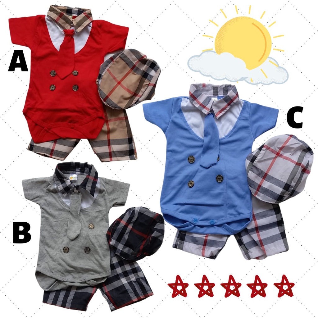 Baju Bayi Laki-Laki 3pcs Tie + Topi + Celana Kotak | Jumper Outfit Bayi Cowok 3-9 Bulan BM