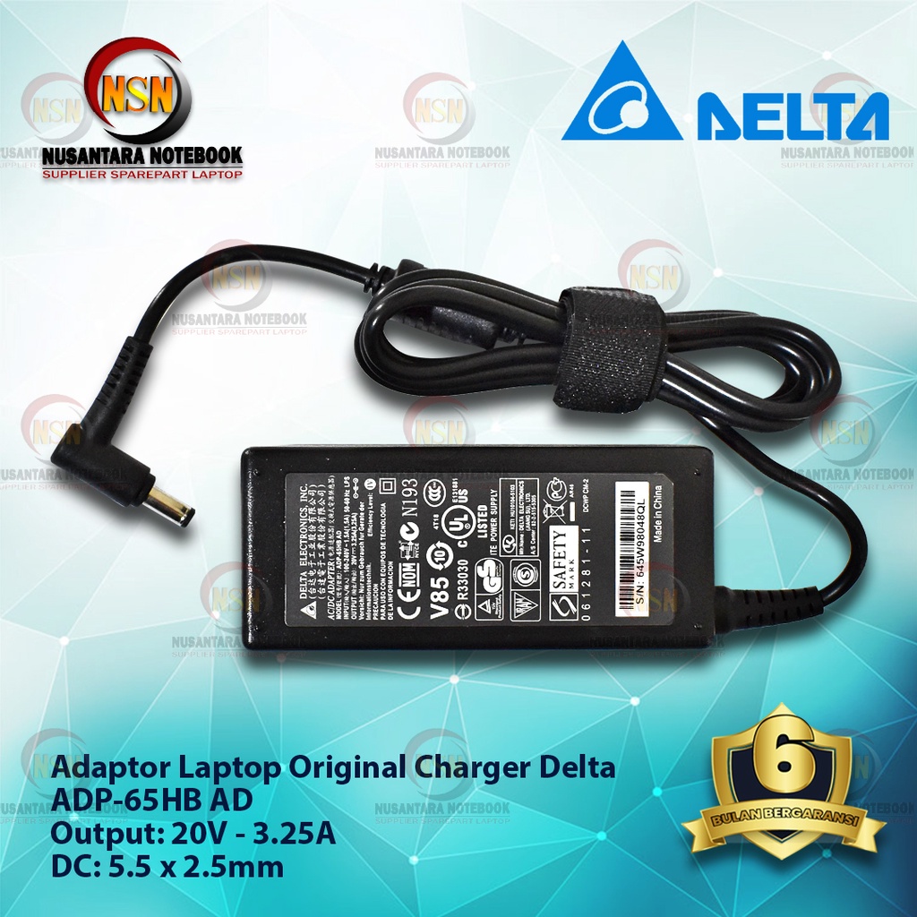 Adaptor Charger Delta 20V-3.25A DC 5.5 X 2.5mm Original 65W