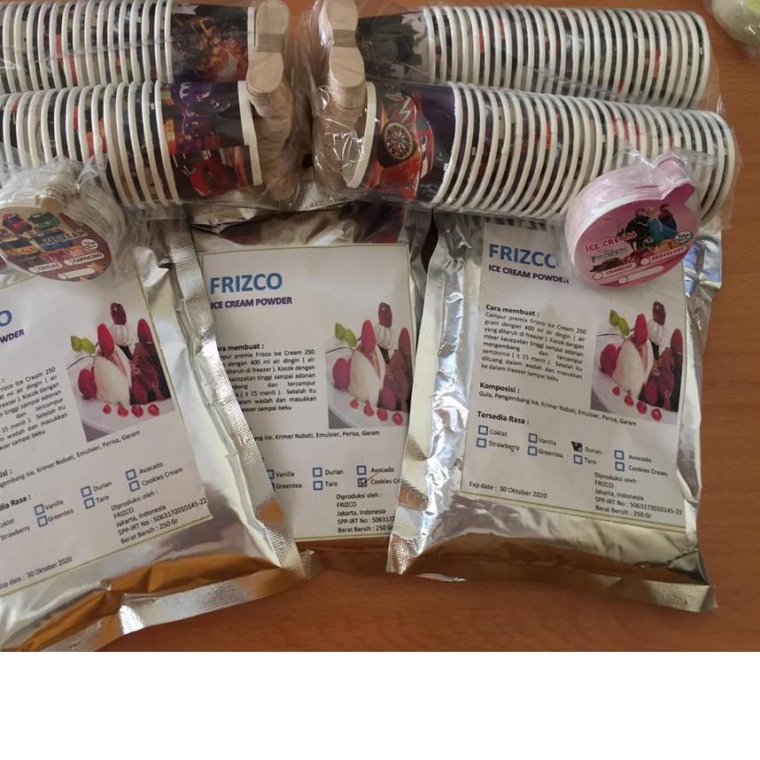 

SALE✅Promo FRIZCO Paket Bahan Es Krim (3 bubuk 250gr, cup 50ml 2 slop lengkap)|RA8