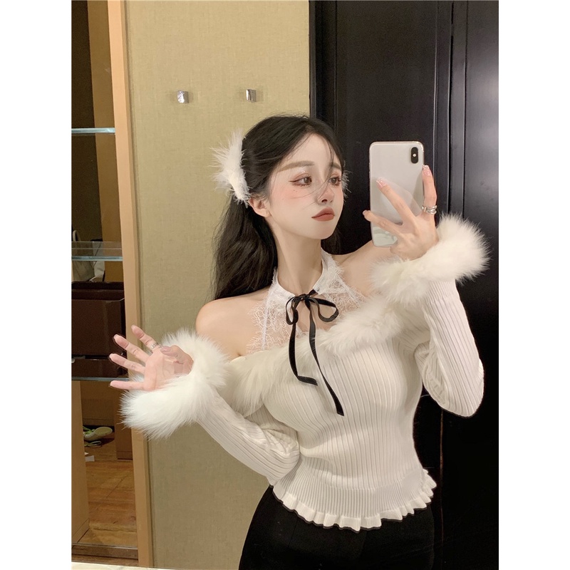 ►☫Suhao satu bahu mewah rumbai rajutan sweater wanita musim gugur putih angin lembut hot girl slim slim lengan panjang bottoming top