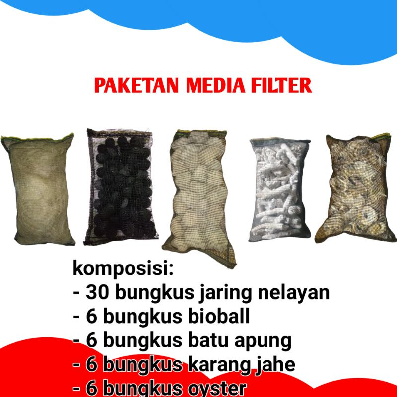 Jual paket media filter kolam ikan koi jaring nelayan bioball batu apung oyster karang jahe