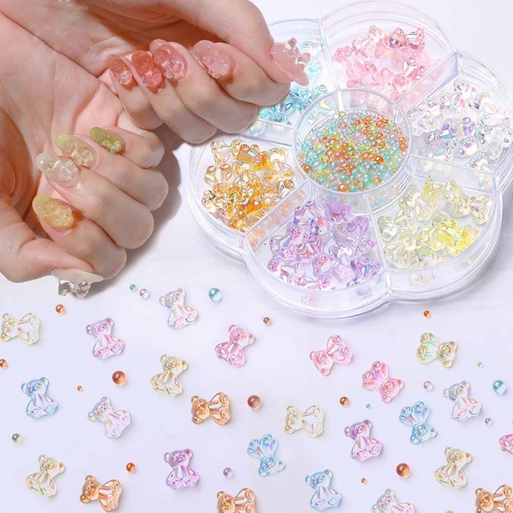 AUGUSTINA Agustina Dekorasi Kuku Resin 7Grids Ikatan Simpul Manikur Aksesoris Bunga Beruang Nail Art Perhiasan