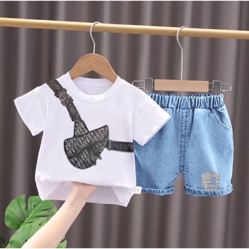 Trendy setelan baju kaos celana jeans denim bayi anak laki laki dan perempuan unisex motif tas wasbag dr best quality usia 6 bulan-5 tahun termurah terlaris terbaru