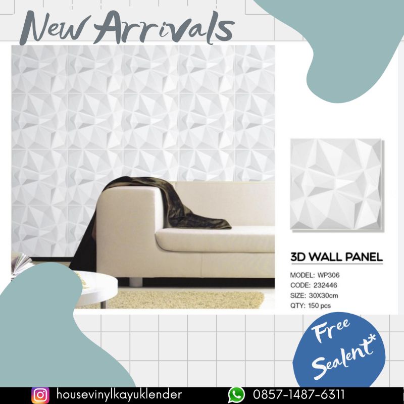 3D wall panel WP-306 warna putih timbul emboss ukuran 30 x 30