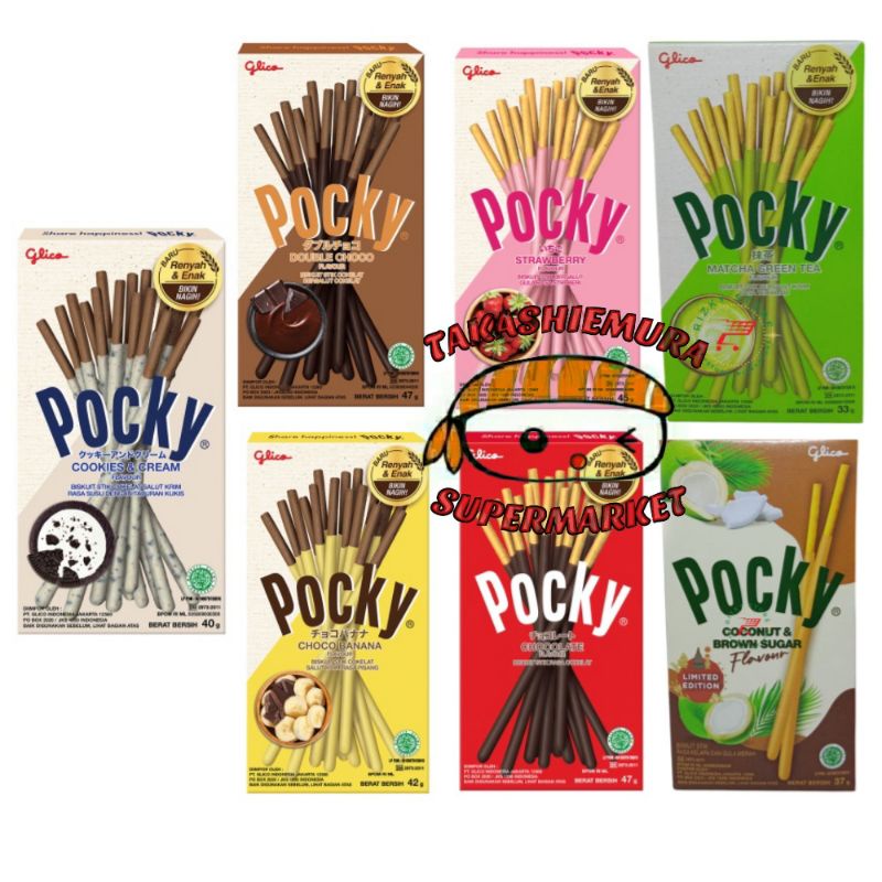 

Glico Pocky Matcha, Cookies & cream, double coco, coconut Brown sugar, choco banana, chocolate, Strawbery