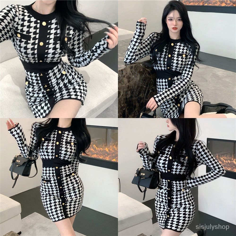 #Sisjuly# Gaun rajutan wanita Prancis paket angin wangi kecil pinggul temperamen tipis gaun jumper b