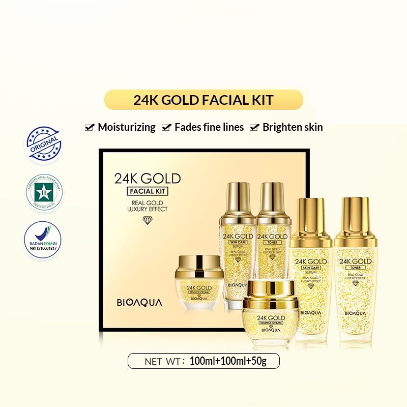 Set Box Besar BIOAQUA 24K BPOM Facial Kit / Travel Kit Perawatan Wajah Glowing Anti Kerut Toner 100ml + Skincare Serum 100ml + Essence Cream 30g