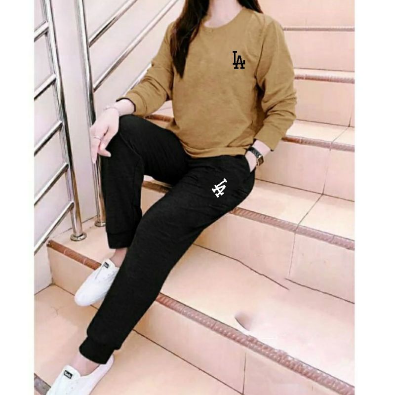 Setelan Wanita One Set LA Lengan panjang+celana jogger keren dan Trendy adem
