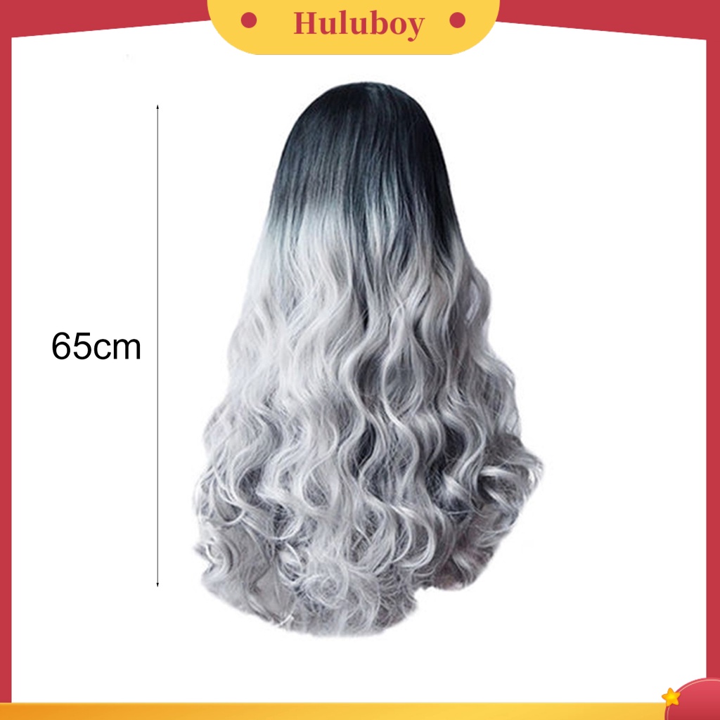 Wig Rambut Keriting Panjang Warna Gradasi Silver Abu-Abu Adjustable Untuk Makeup