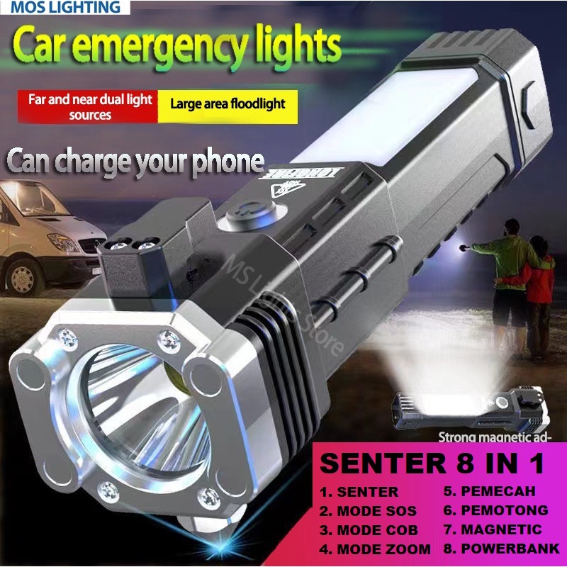 •SENTER PEMECAH KACA PEMOTONG BELT 8 IN 1  SENTER LED COB POWERBANK