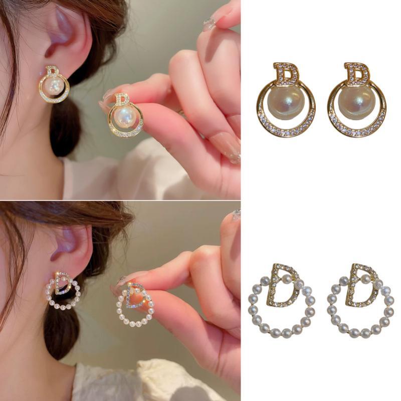 Anting Huruf D Bulat Mutiara Vintage Anting Wanita Korea