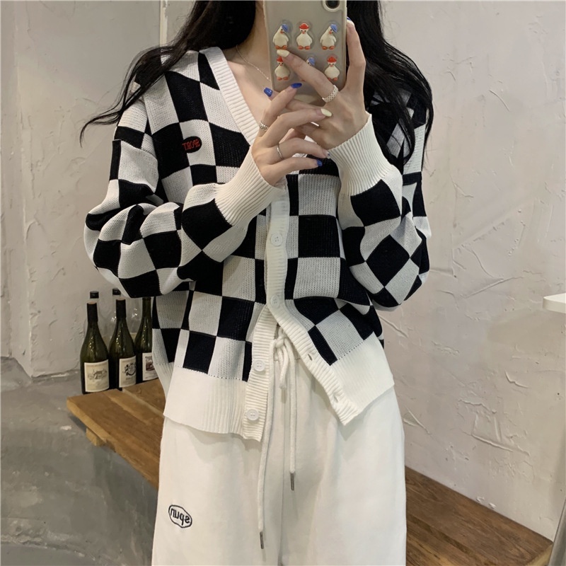 MOOGU ♡ Cardigan kotak-kotak kardigan rajut lengan panjang coat wanita