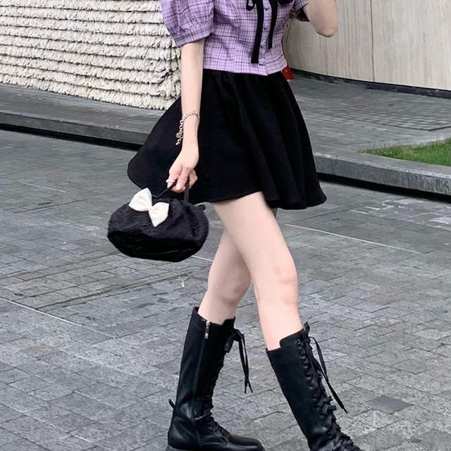 Suhao one-piece suit eye-catching~Purple plaid puff sleeve bowknot short shirt + slim A-line fluffy skirt