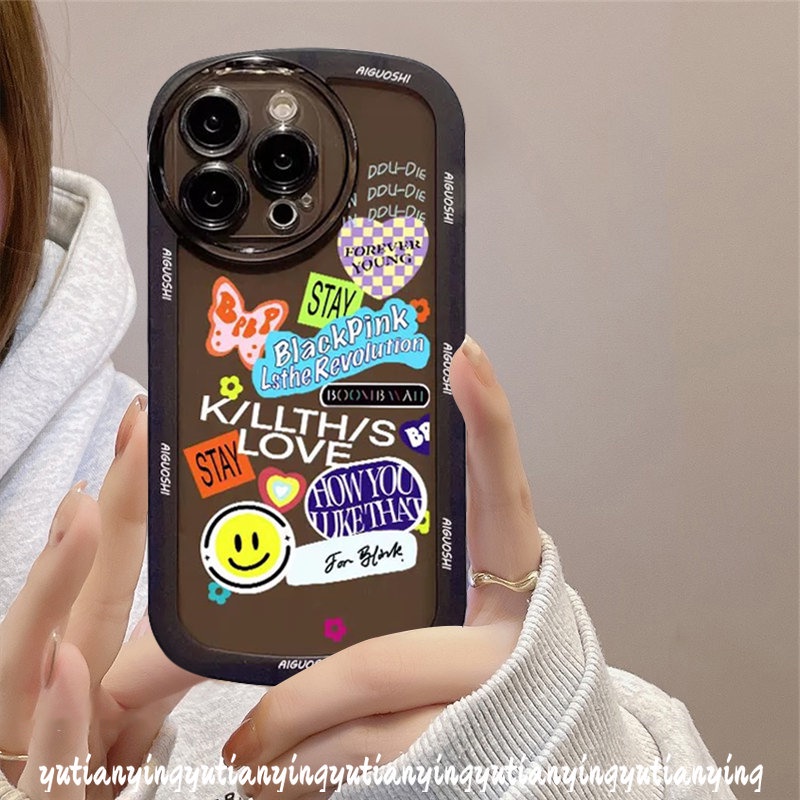 IPHONE Casing Ponsel Trend Kompatibel Untuk Iphone11 7 8 Plus 12 13 Pro MAX XR 6 6s XS MAX X SE 2020fashion Casetify BlackPink Stiker Lucu Label Smile Soft TPU Shockproof Airbag Penutup Belakang