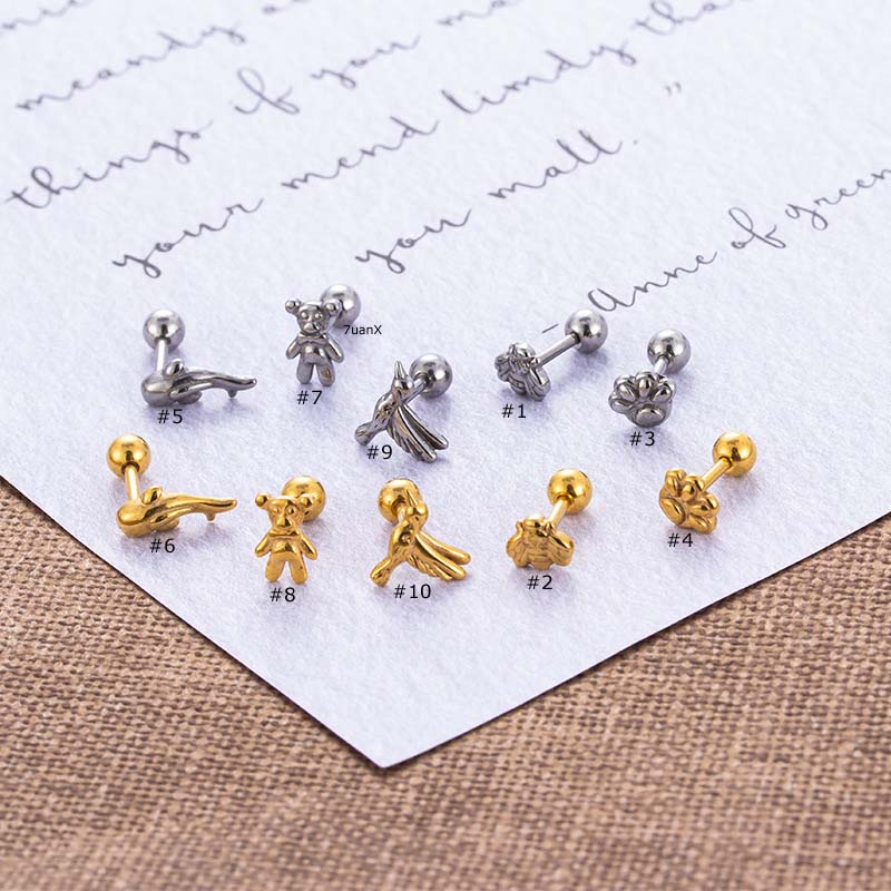 1biji Anting Tusuk Bentuk Burung Lumba Beruang Tulang Rawan Helix 16 Gauge Piercing Stud Stainless Steel Hypoallergenic