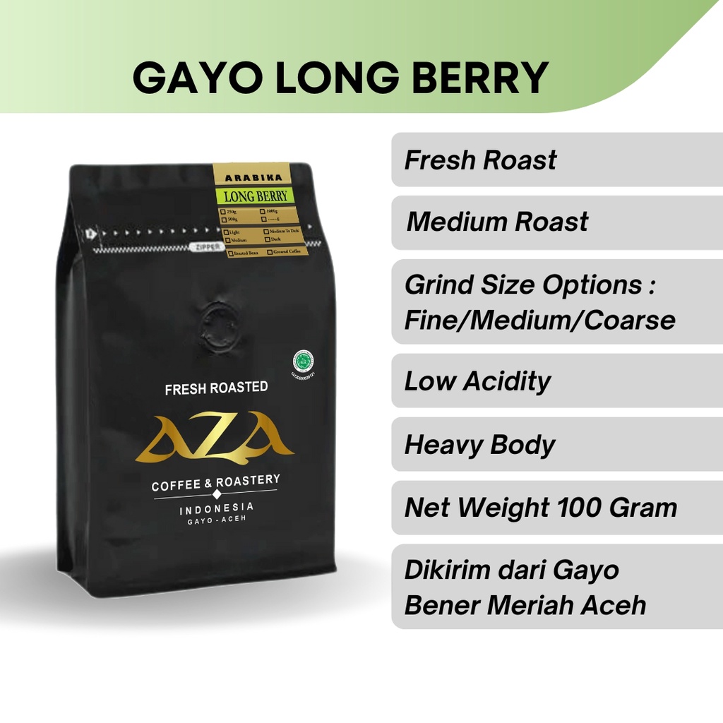 

Aza Coffee Bubuk Kopi Long Berry Biji Arabica Gayo Aceh Single Origin Roast Bean Coffe Powder