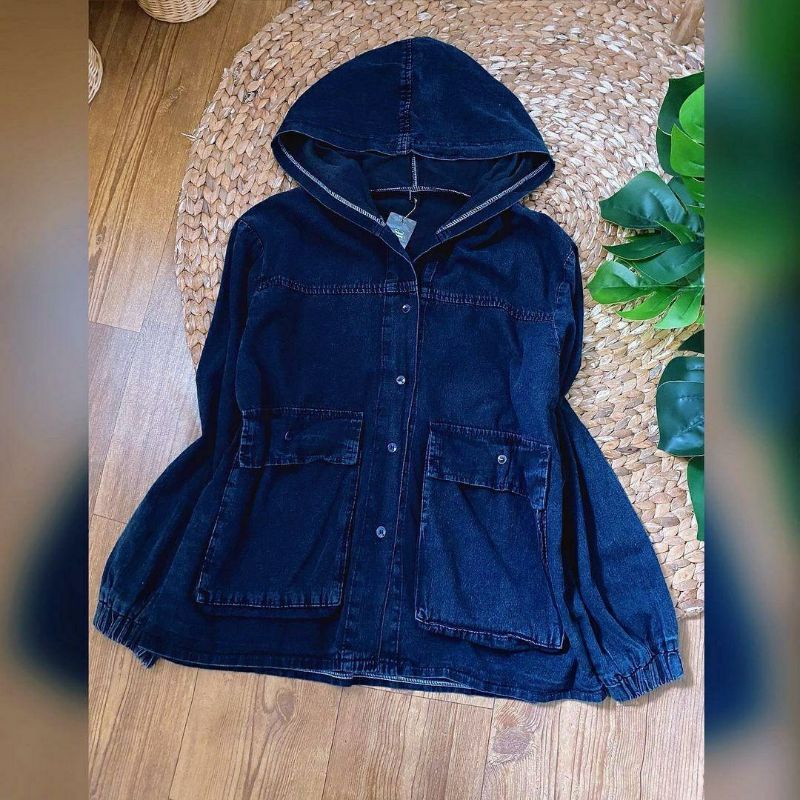 Hoodie Jacket Jeans, JAKET HOODIE WANITA CANTIK FIT XXL LD 120 BAHAN JEANS WASH IMPORT TERMURAH OOTD