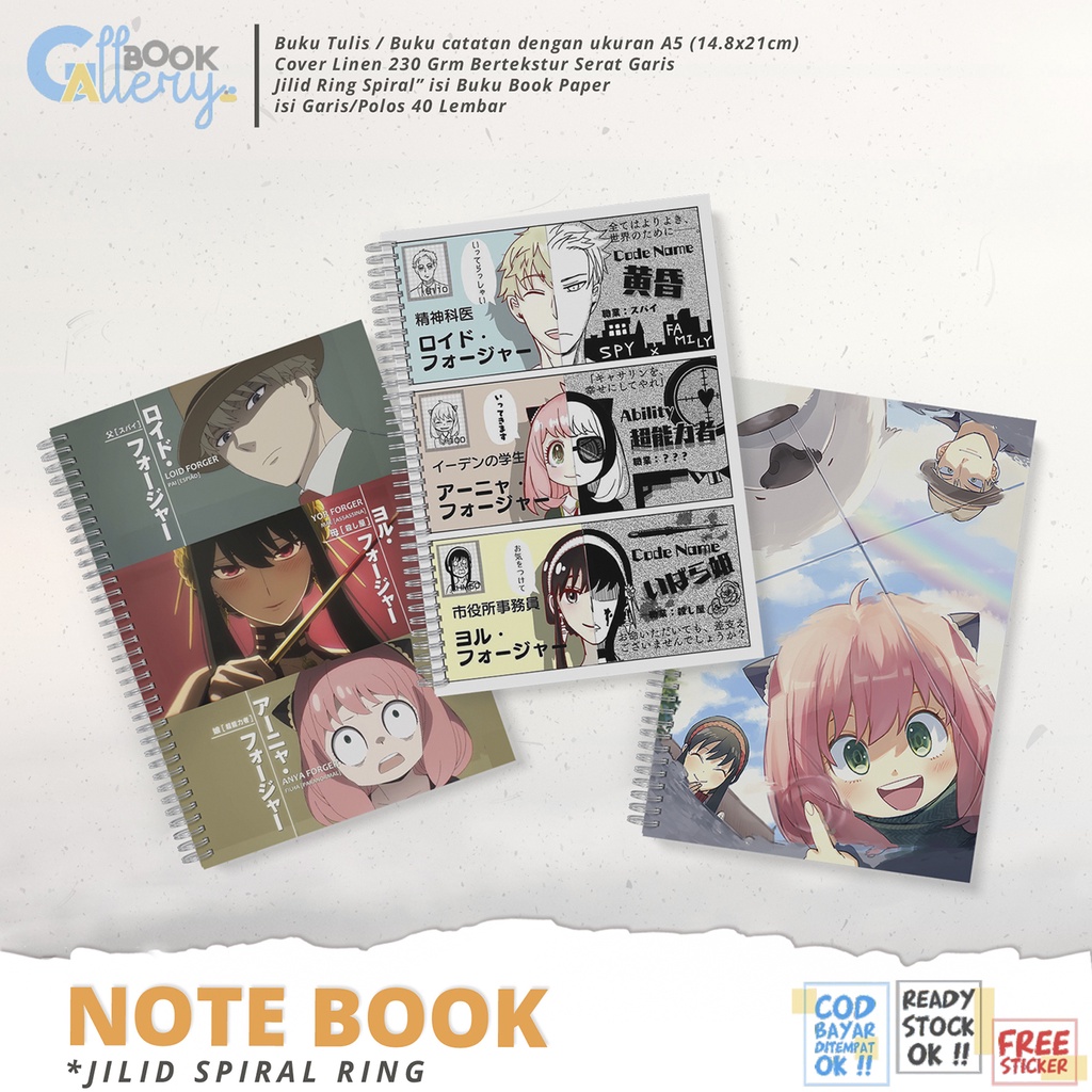 

[SP] Buku Tulis / Buku Catatan / Note book Anime SPY x FAMILY, loid forger, anya forger, yor forger keluarga forger Jilid Ring Spiral Dengan isi Book Paper Garis/Polos 50 Lembar Free Poster dan Stiker Ukuran A5