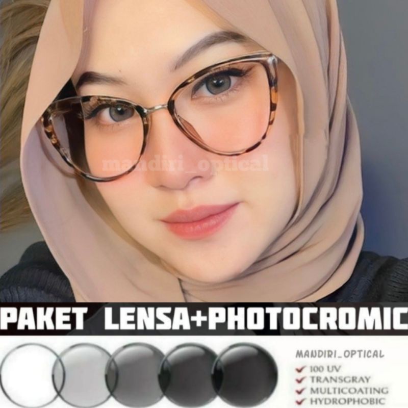 (COD) Frame kacamata cat eye wanita | GRATIS Lensa MINUS Photocromic minus anti radiasi | Kacamata hitam | kacamata fashion