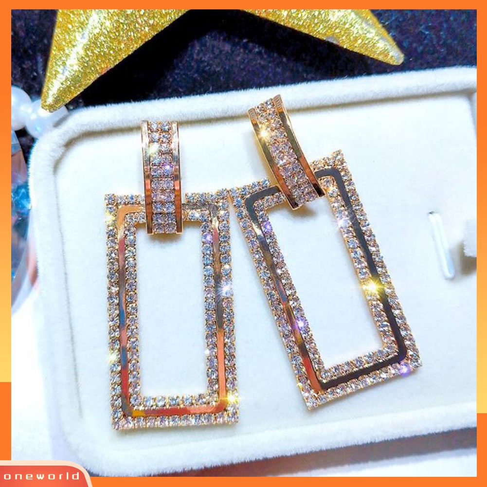 [WONE] Wanita Berlian Imitasi Bertatahkan Berongga Persegi Panjang Menjuntai Telinga Stud Anting Perhiasan Hadiah