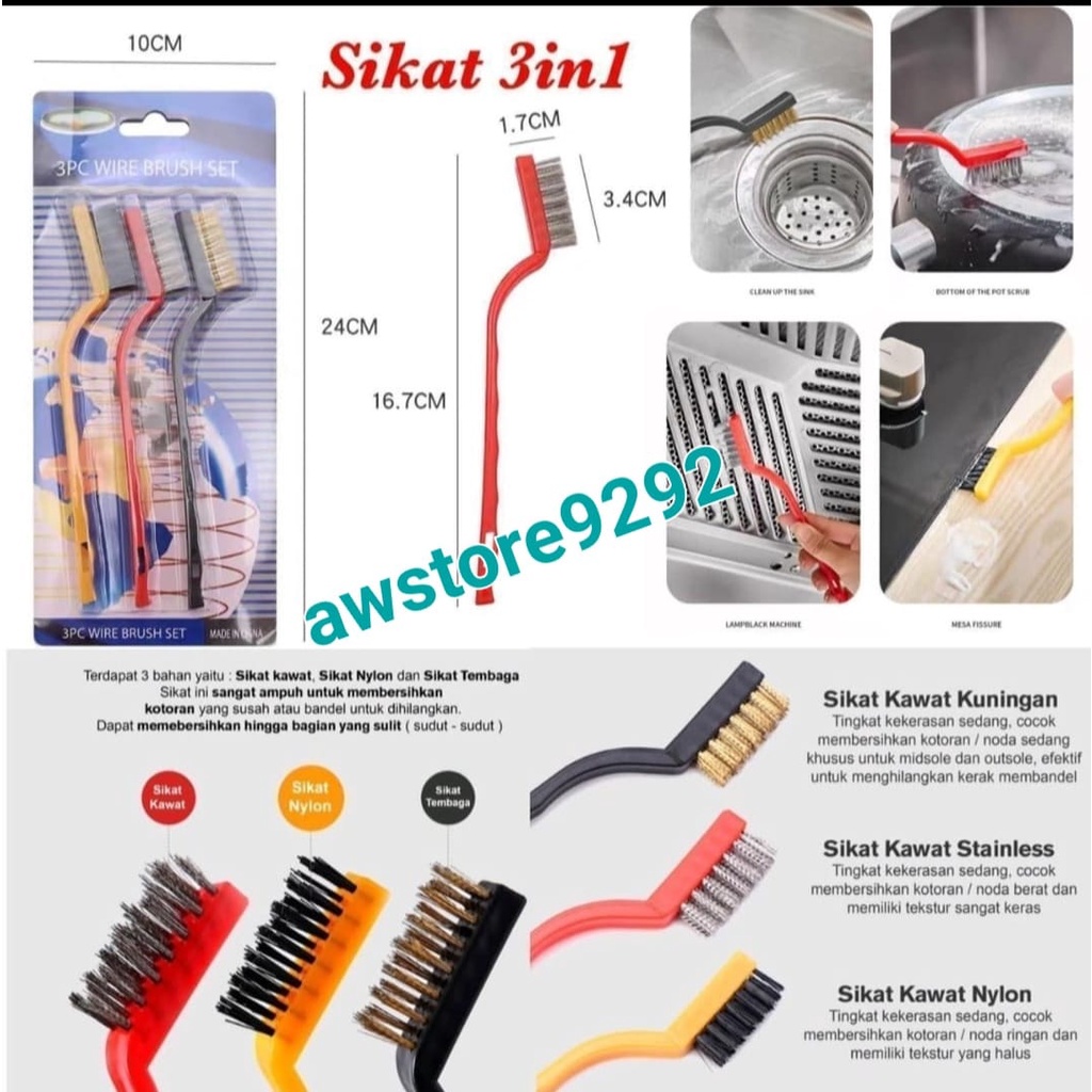 Sikat Kawat 3 in 1 Sikat Pembersih Noda serbaguna 1 set Wire Brusher